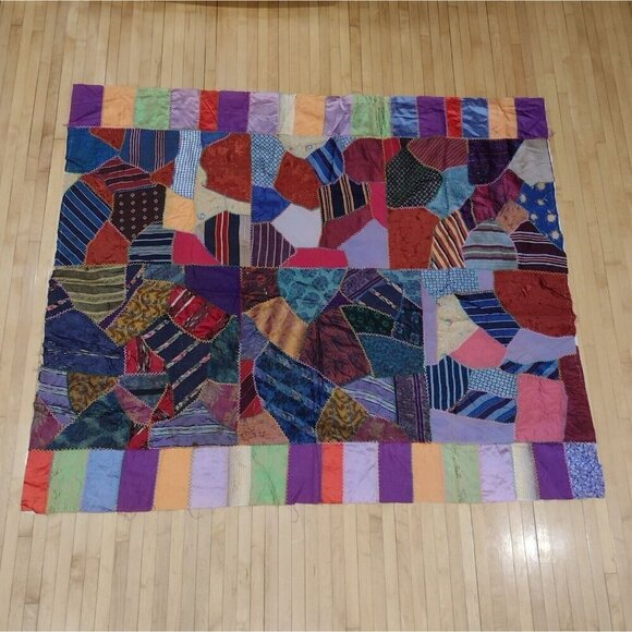 Antique Vintage Multi Colored Patchwork Crazy Quilt Topper Top Silk 56 X 67 READ - Picture 1 of 9